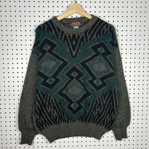 Oakton Knit Sweater Size Medium Aztec Western Green Brown Wool Blend Grandpa 90s